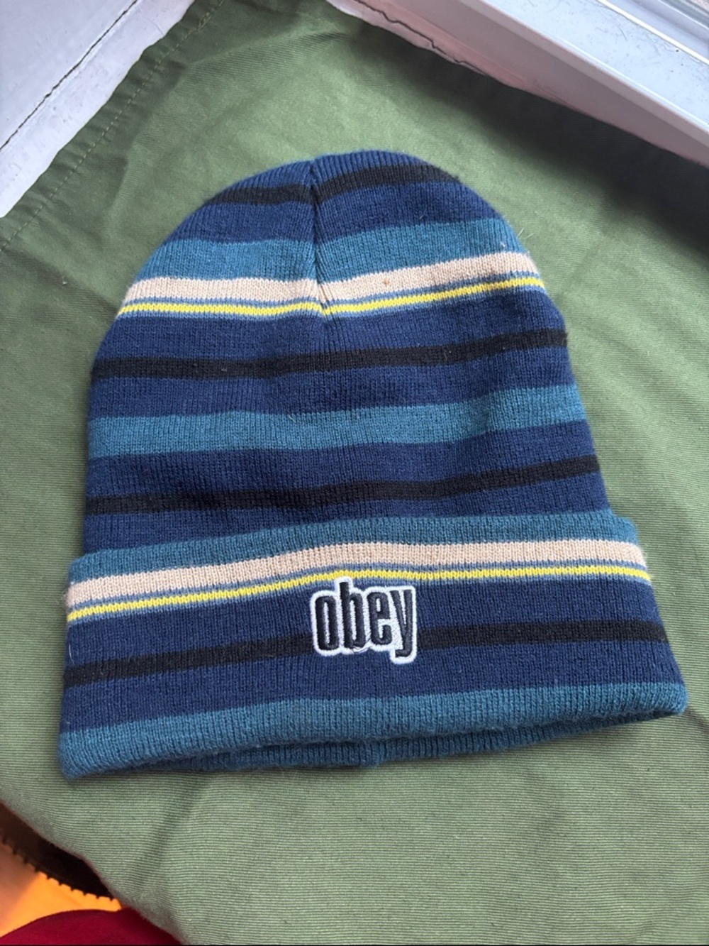Obey Striped Knit Beanie - Navy, Teal, Cream, Yellow